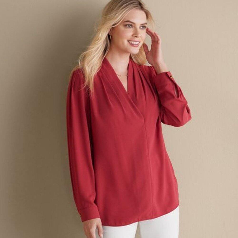NWT Soft Surroundings Akira Blouse Garnet Red Pleated Long Sleeve – Size XL
